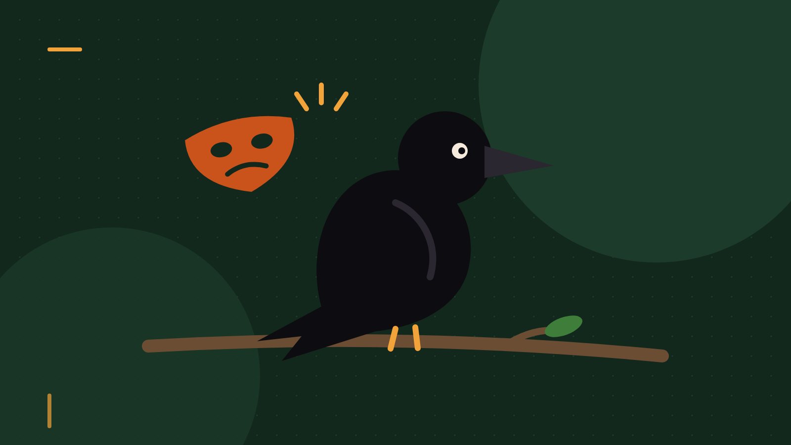 Editorial illustration of a crow on a branch beside a mask