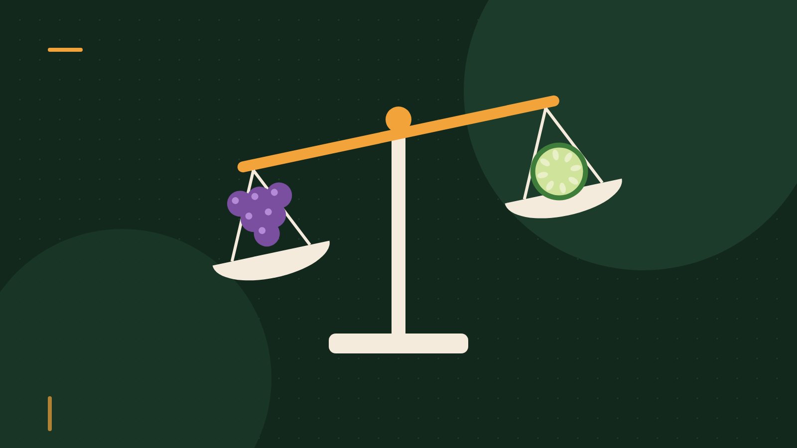 Editorial illustration of a balance scale with grapes and a cucumber slice
