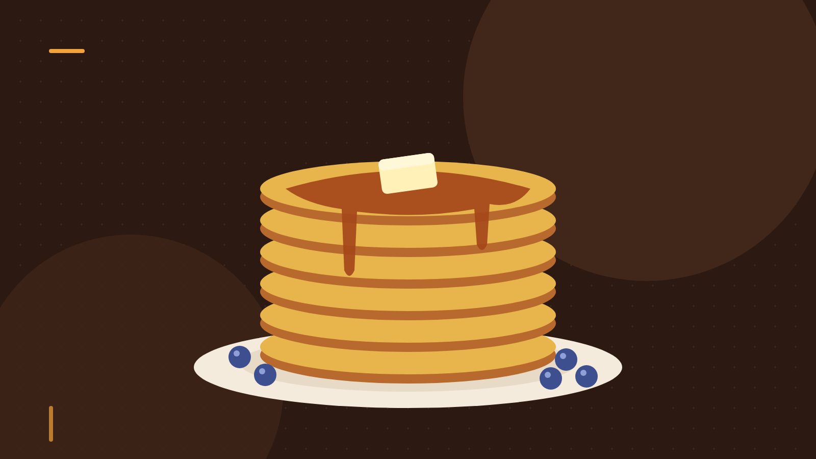 Editorial illustration of a stack of pancakes with butter, syrup and blueberries