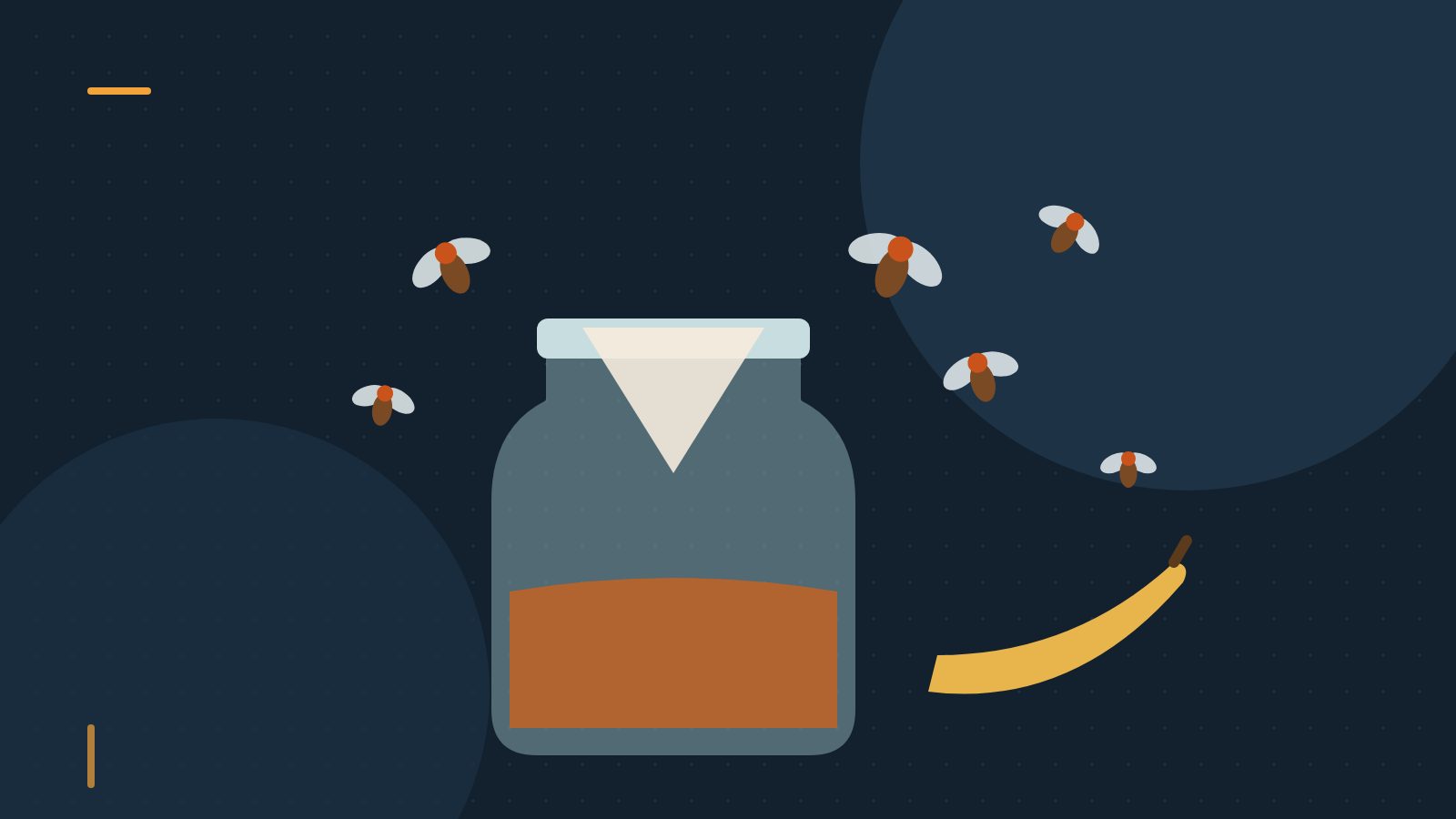 Editorial illustration of a vinegar trap jar with fruit flies and a banana