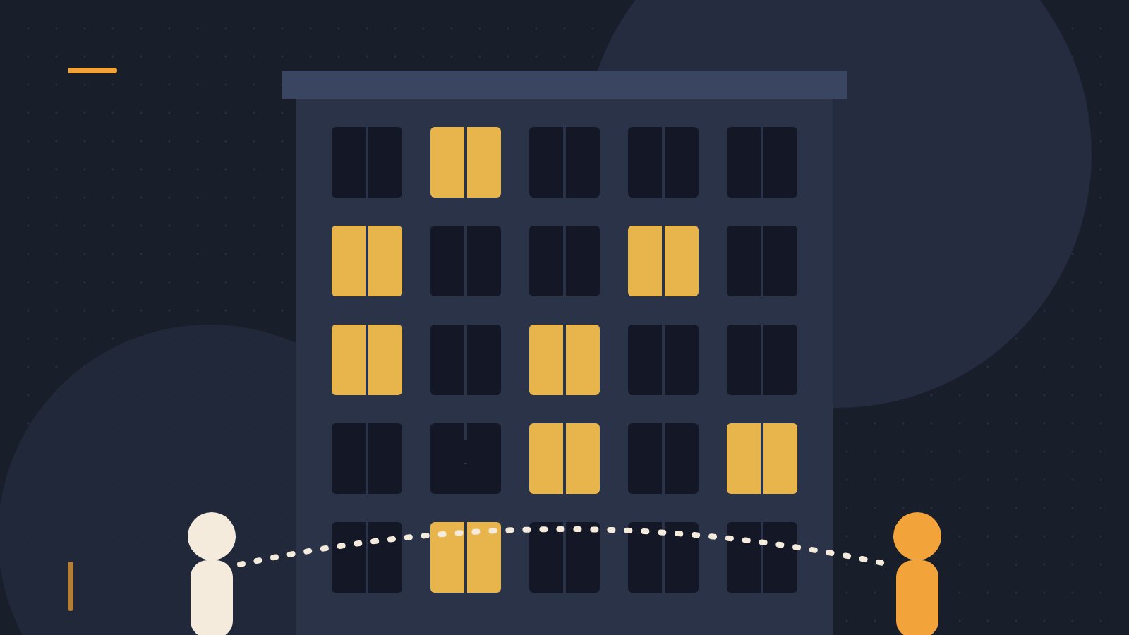 Editorial illustration of an apartment block with some windows lit at night