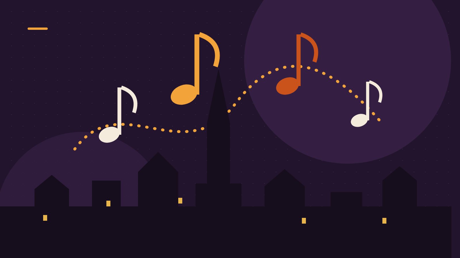 Editorial illustration of musical notes swirling over a medieval town