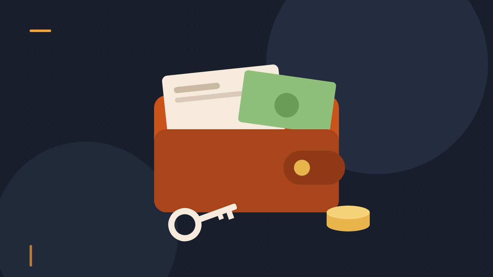 Editorial illustration of a wallet with a card, banknote, key and coins