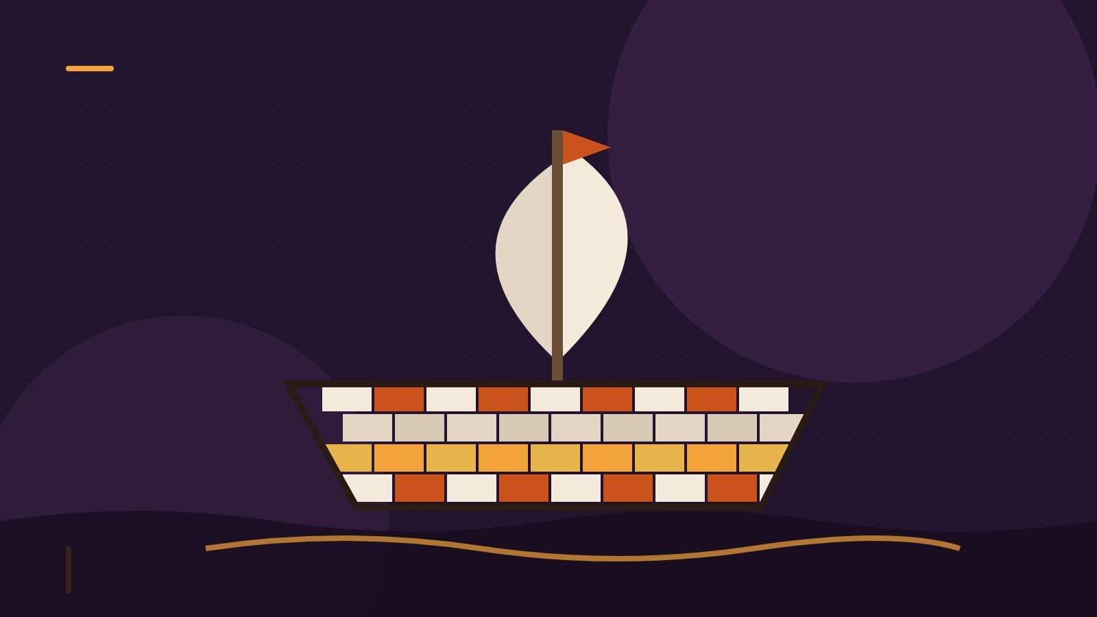 Editorial illustration of a sailing ship with a patchwork hull