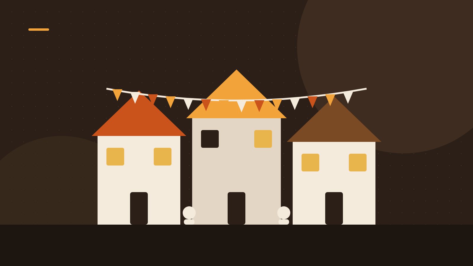 Editorial illustration of a row of houses decorated with bunting