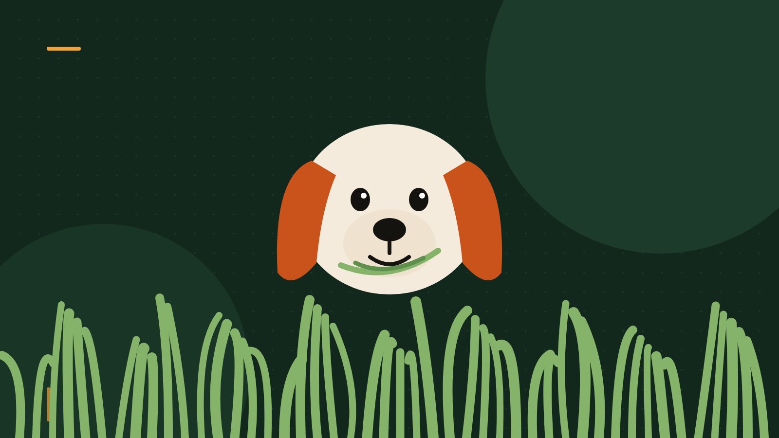 Editorial illustration of a dog chewing grass in a meadow